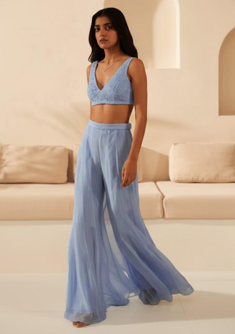 Powder Blue Handwork Organza Fusion Set - Indya