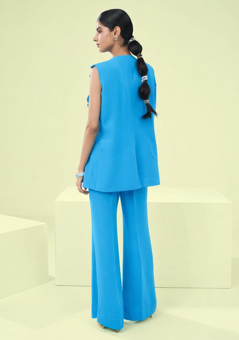 Aqua Blue Handwork Crepe Fusion Set - Indya