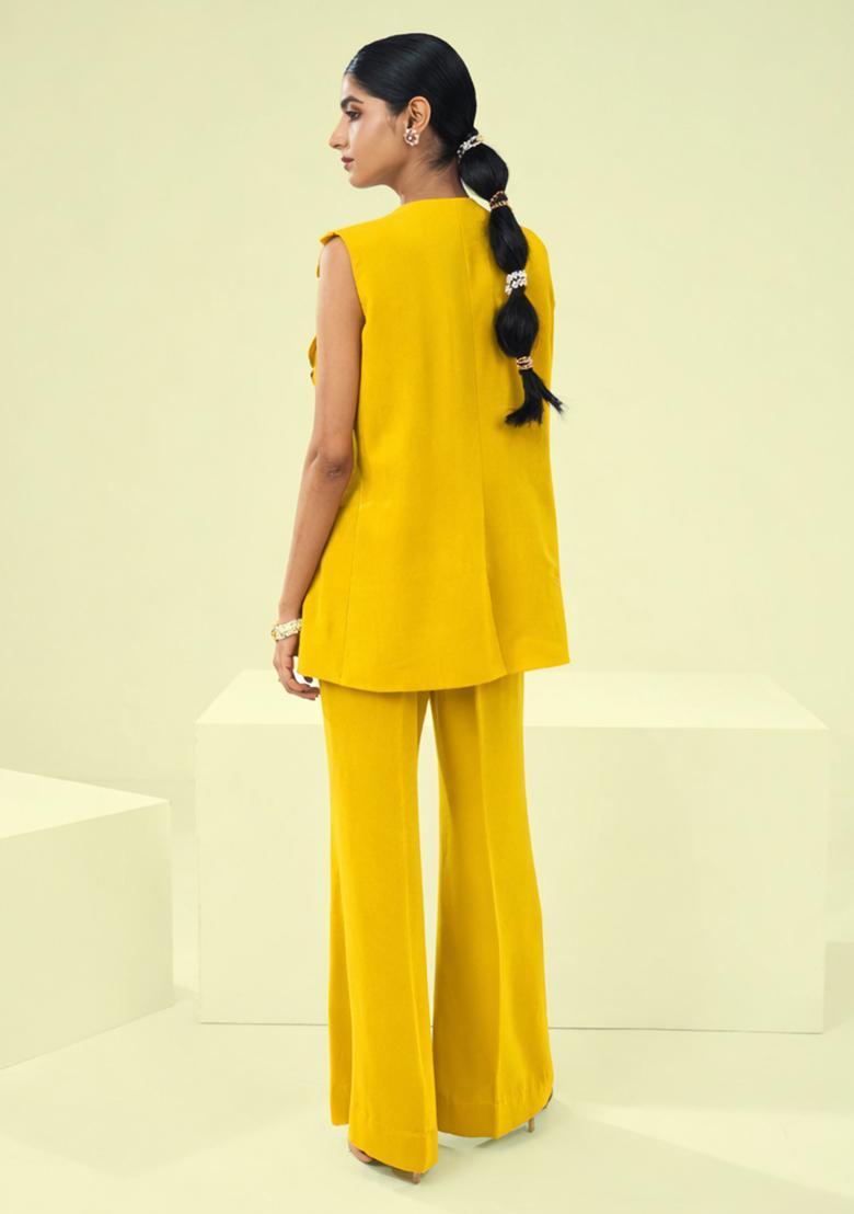 Mustard Handwork Crepe Fusion Set - Indya