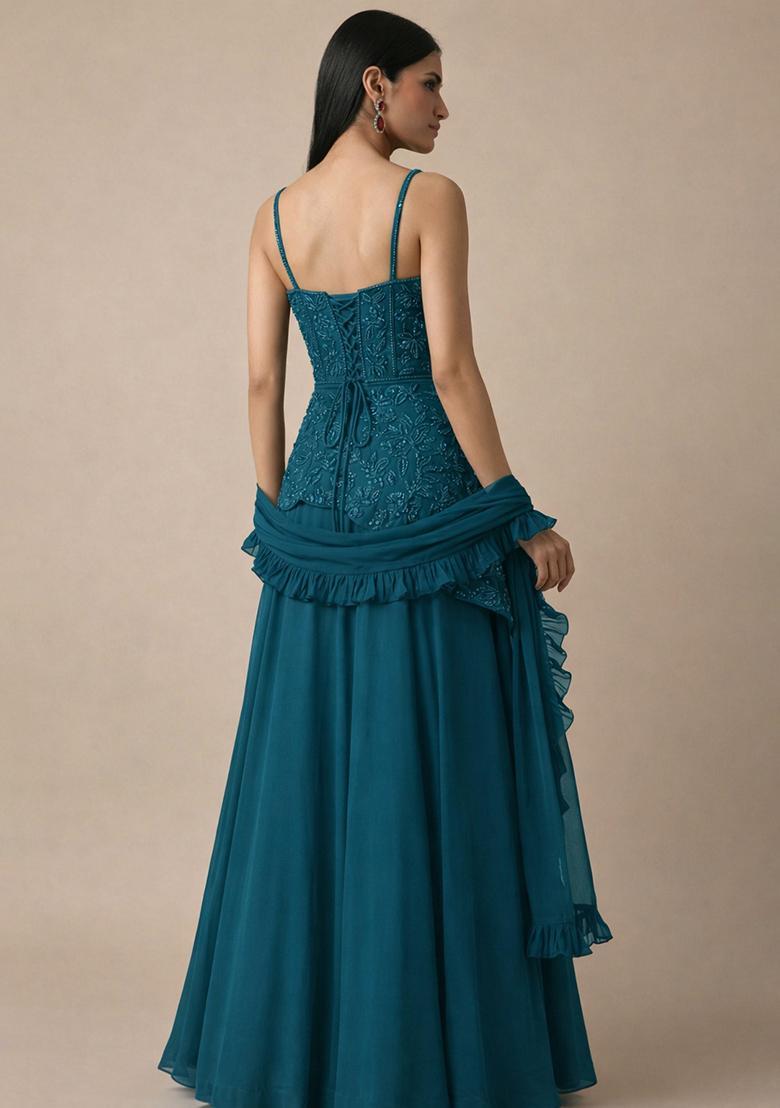 Teal Blue Handwork Crepe Fusion Set - Indya