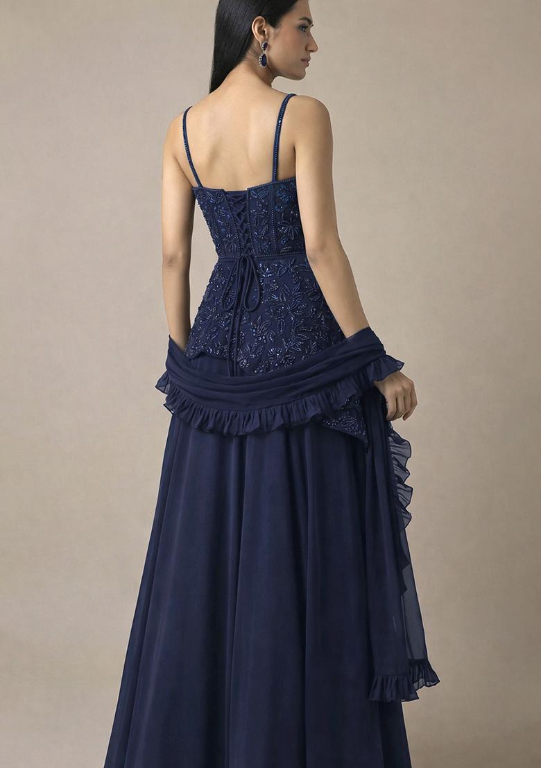 Navy Blue Handwork Crepe Fusion Set - Indya
