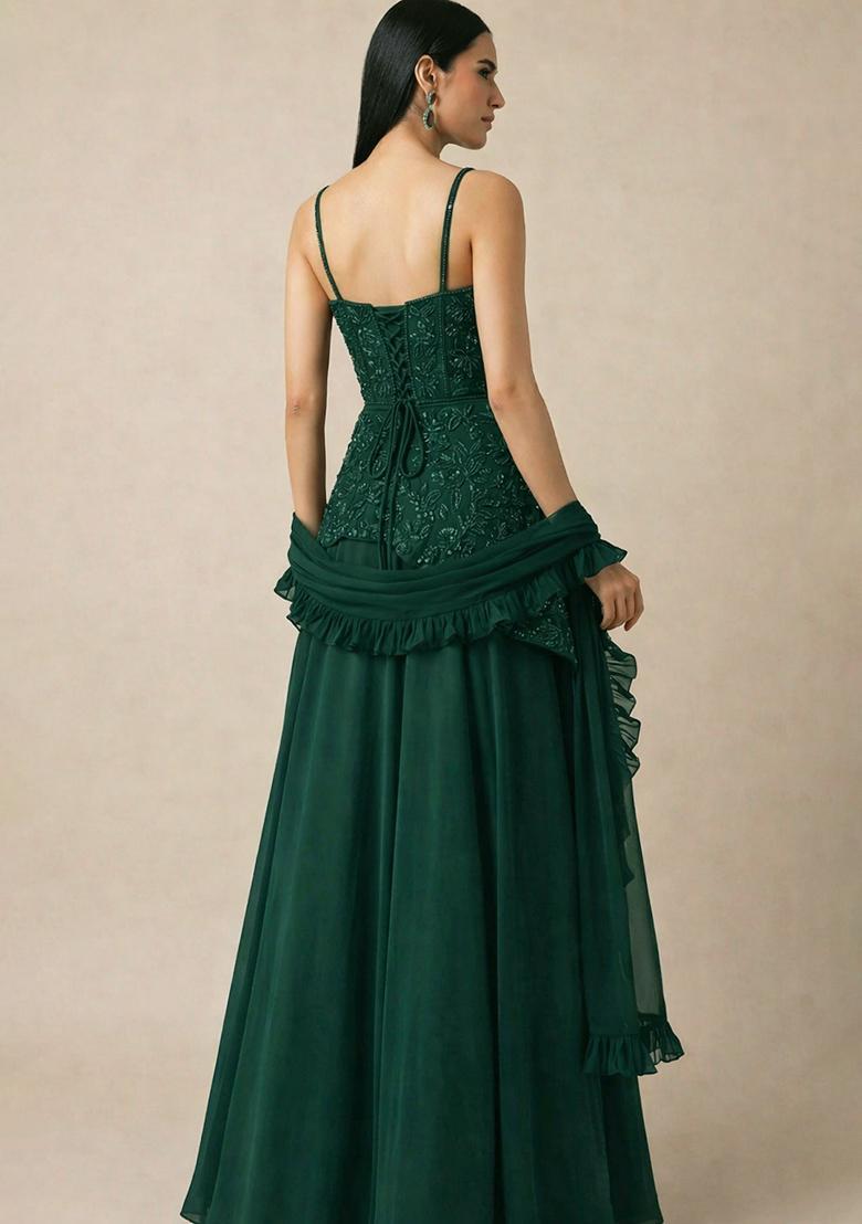 Bottle Green Handwork Crepe Fusion Set - Indya