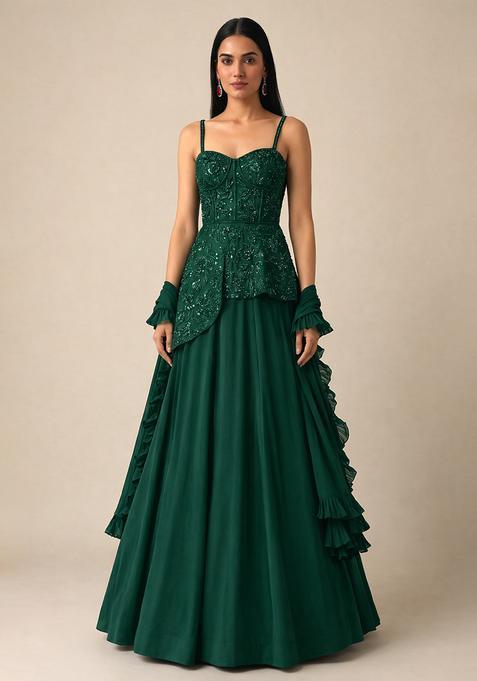 Bottle Green Handwork Crepe Fusion Set