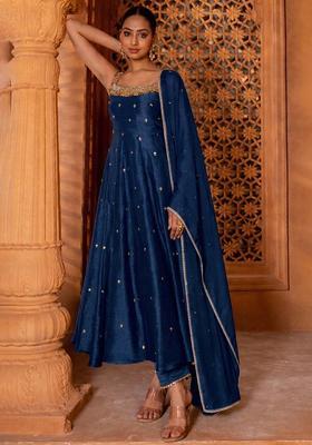 Navy Blue Handwork Silk Blend Anarkali Set