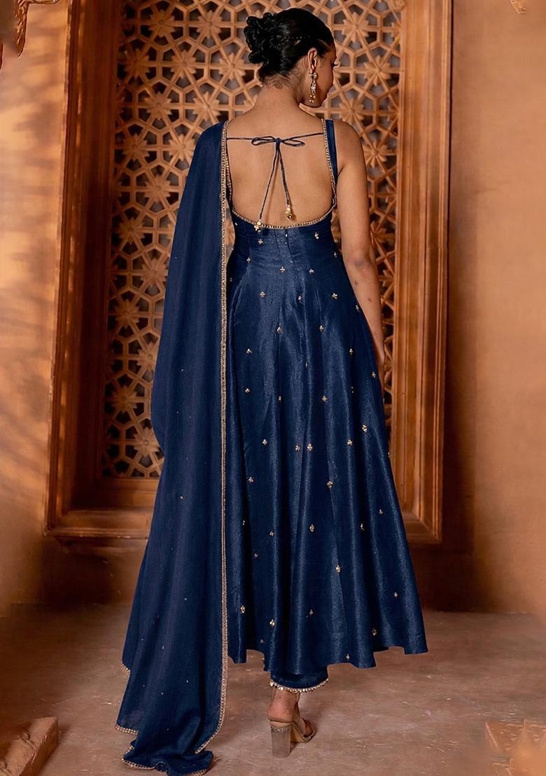 Navy Blue Handwork Silk Blend Anarkali Set - Indya