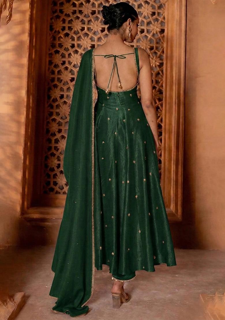 Green Handwork Silk Blend Anarkali Set - Indya