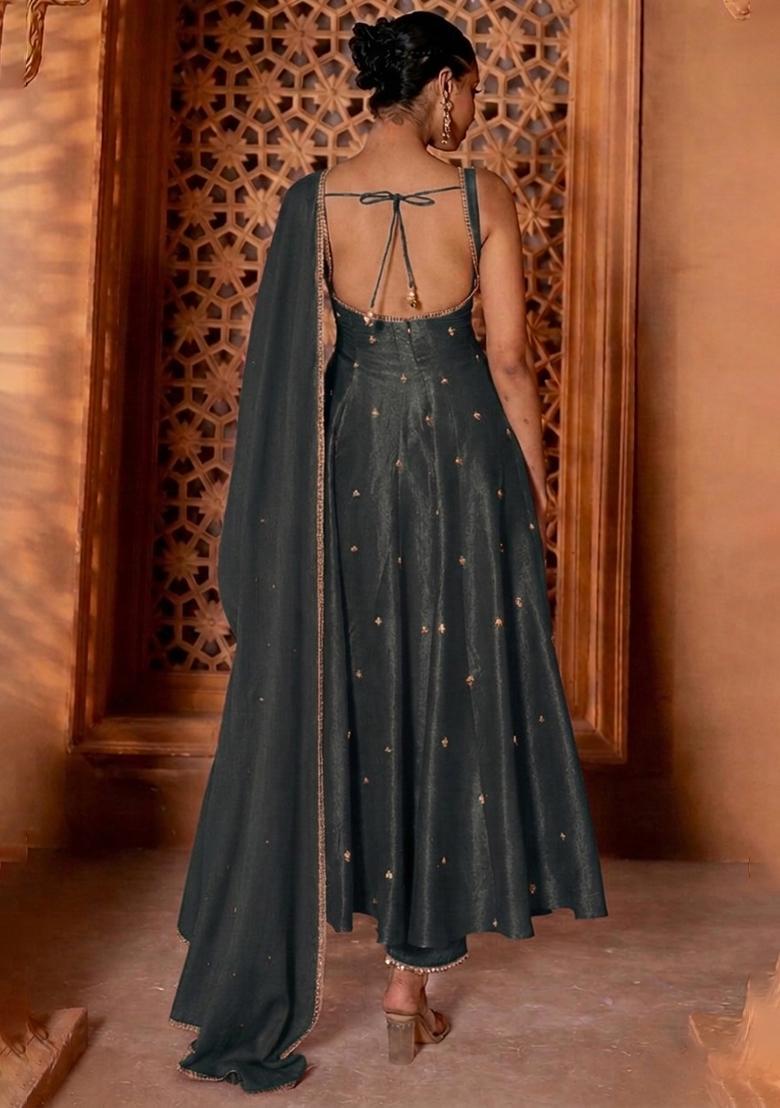 Charcoal Grey Handwork Silk Blend Anarkali Set - Indya