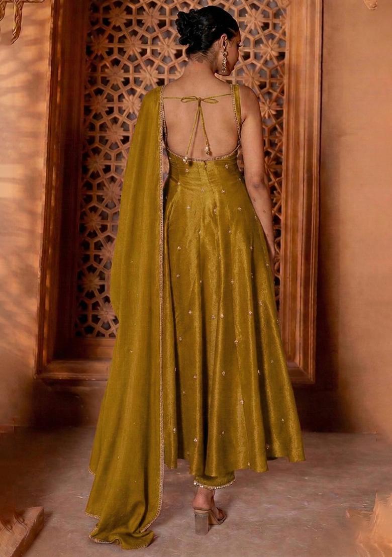 Olive Green Handwork Silk Blend Anarkali Set - Indya