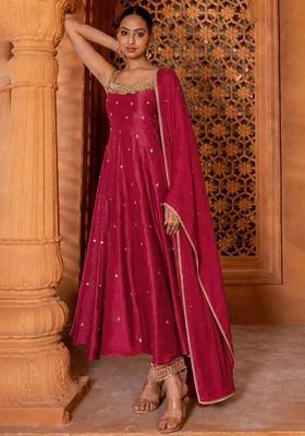 Pink Handwork Silk Blend Anarkali Set