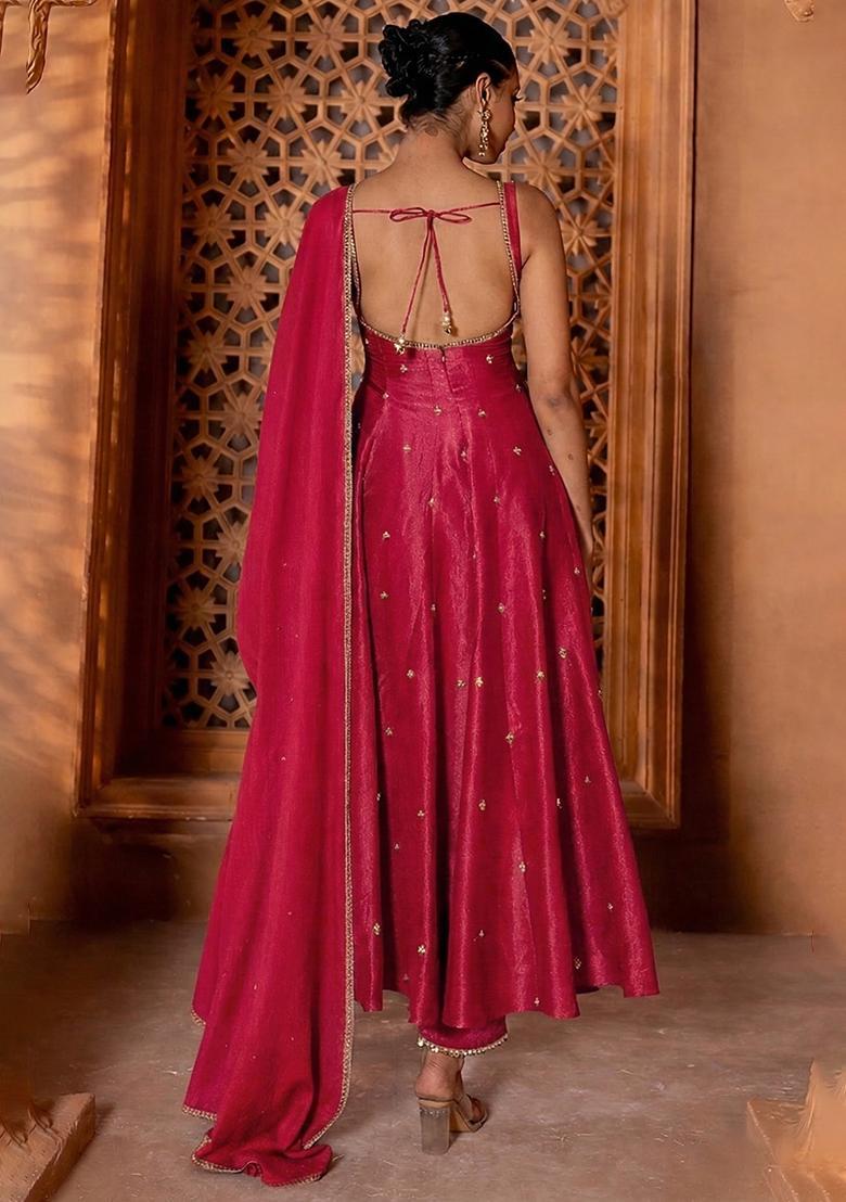Pink Handwork Silk Blend Anarkali Set - Indya