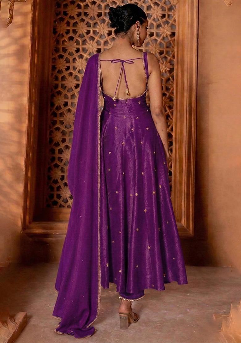 Royal Purple Handwork Silk Blend Anarkali Set - Indya