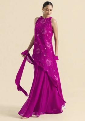 Fuchsia Pink Handwork Goergette Sharara Set