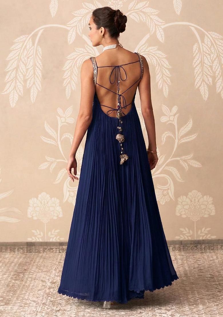 Navy Blue Handwork Goergette Anarkali With Dupatta - Indya