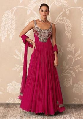 Rani Pink Handwork Goergette Anarkali With Dupatta
