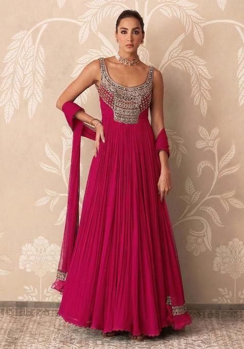 Rani Pink Handwork Goergette Anarkali With Dupatta