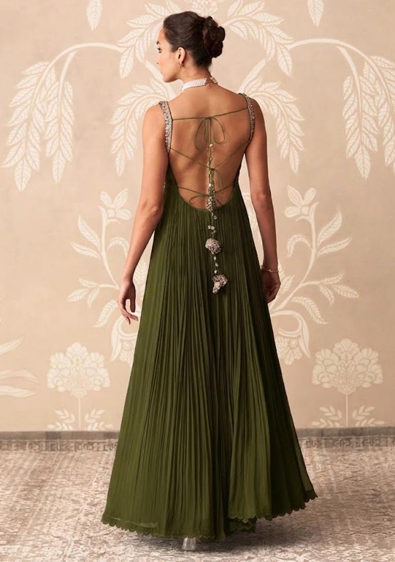 Olive Green Handwork Goergette Anarkali With Dupatta - Indya