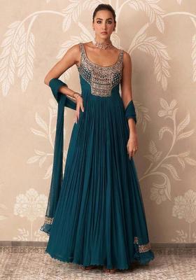 Teal Green Handwork Goergette Anarkali With Dupatta