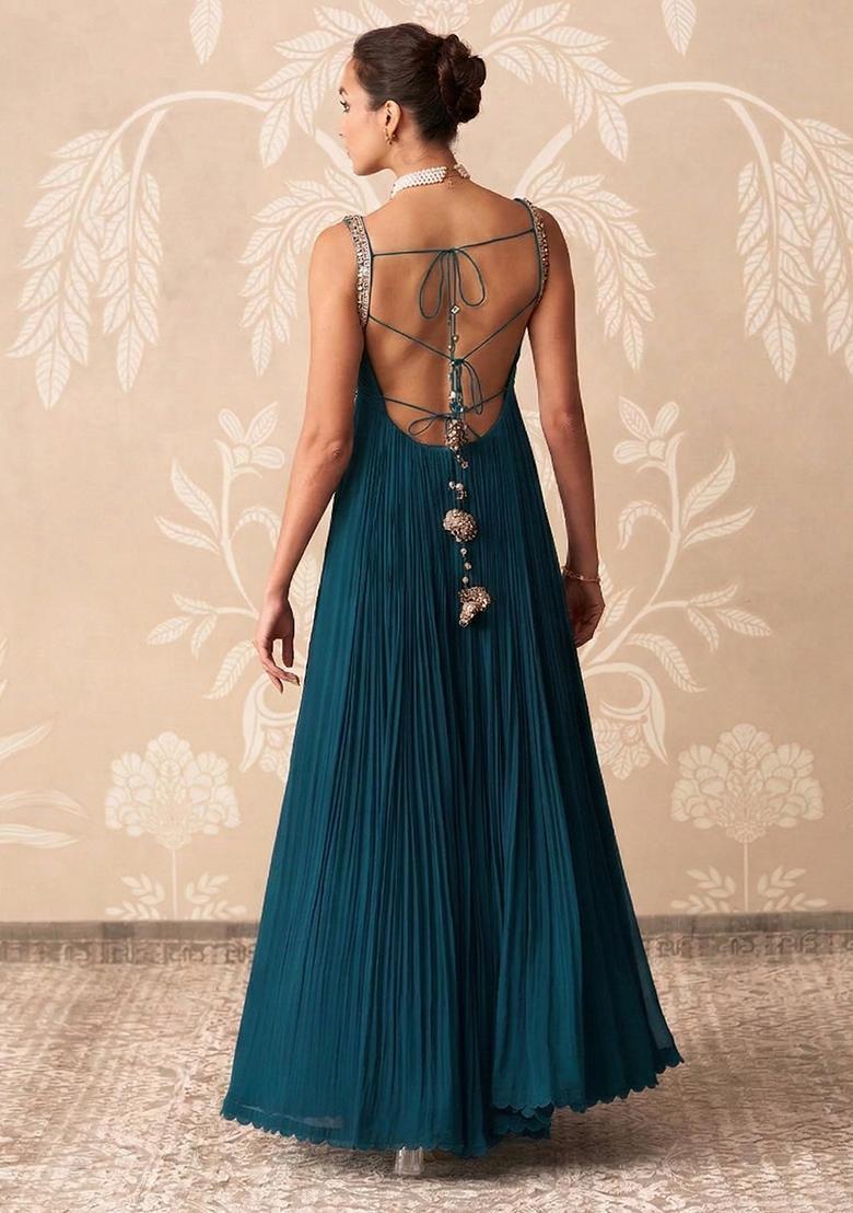 Teal Green Handwork Goergette Anarkali With Dupatta - Indya