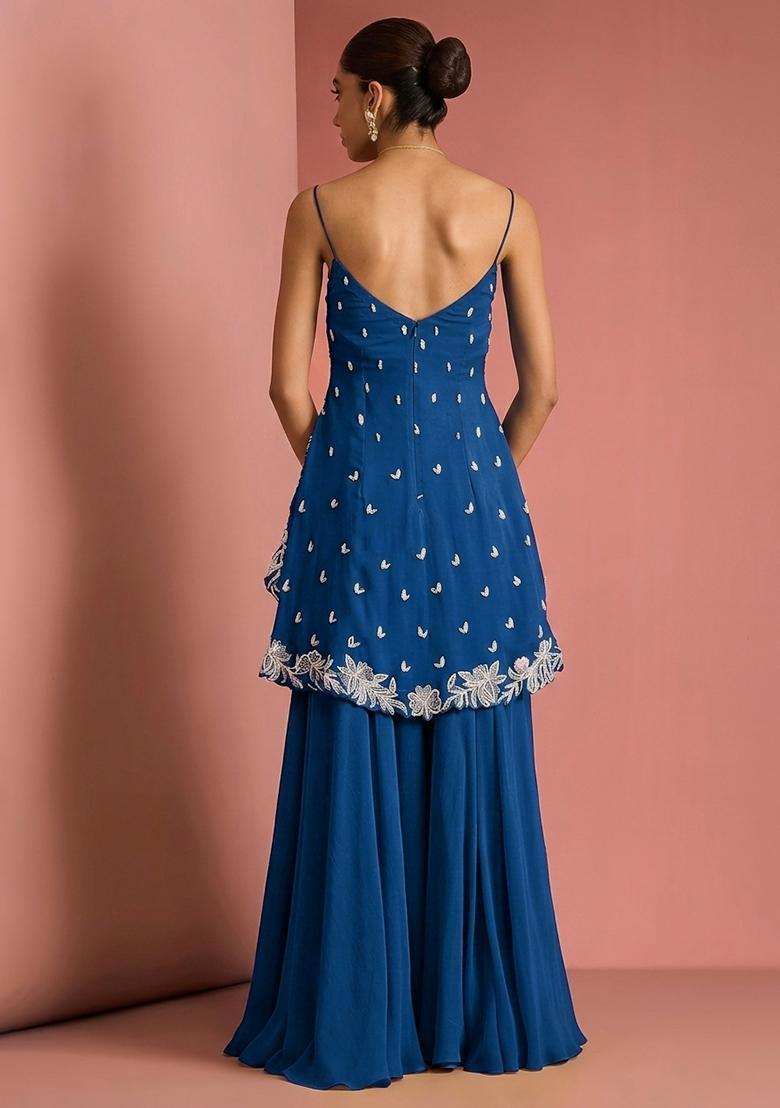 Teal Blue Handwork Goergette Sharara Set - Indya