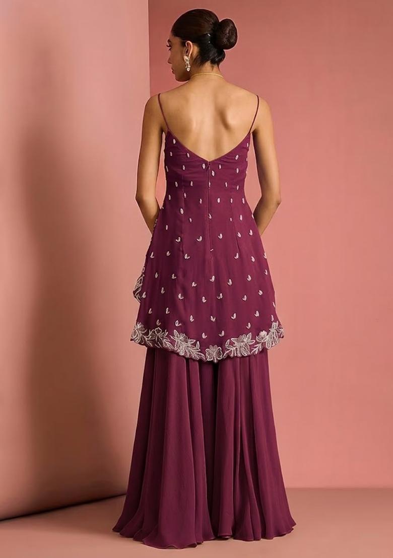 Wine Handwork Goergette Sharara Set - Indya