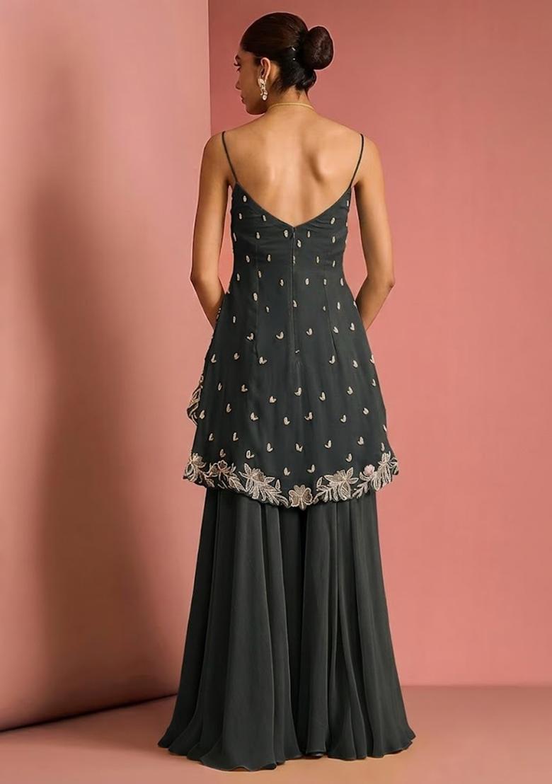 Grey Handwork Goergette Sharara Set - Indya