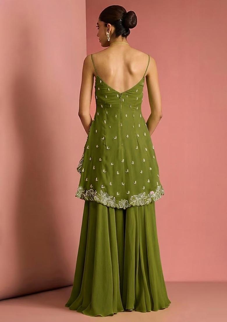 Olive Green Handwork Goergette Sharara Set - Indya