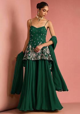 Dark Green Handwork Goergette Sharara Set