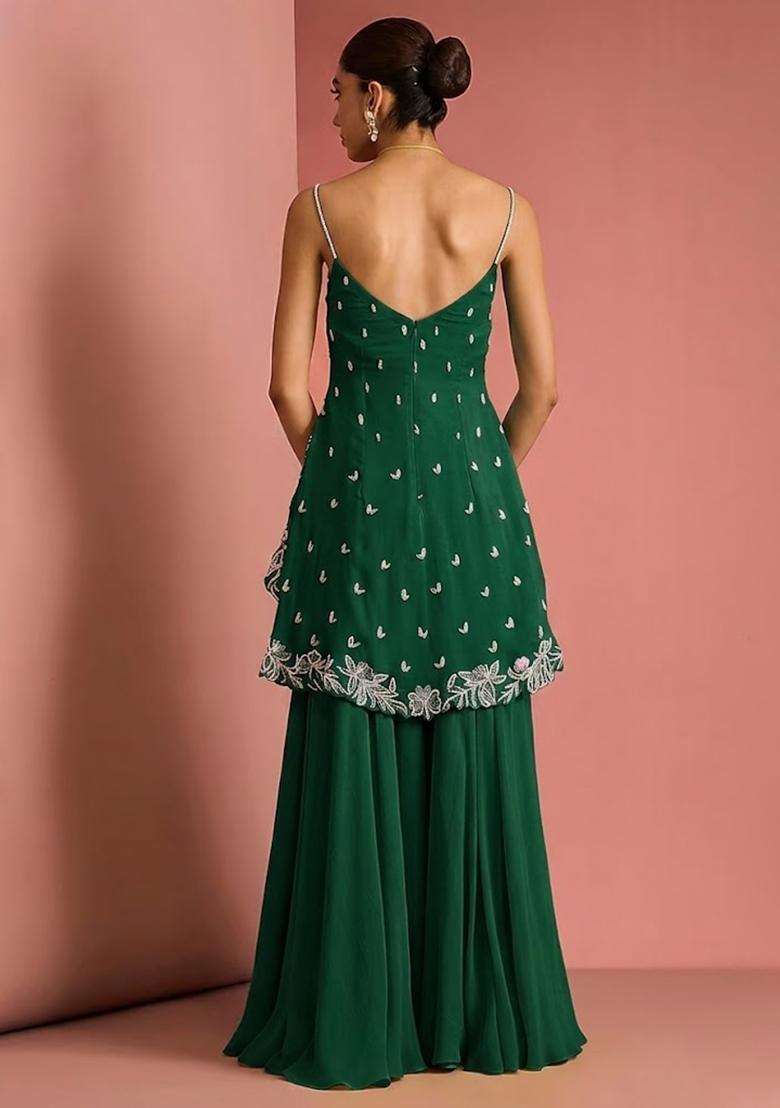 Dark Green Handwork Goergette Sharara Set - Indya