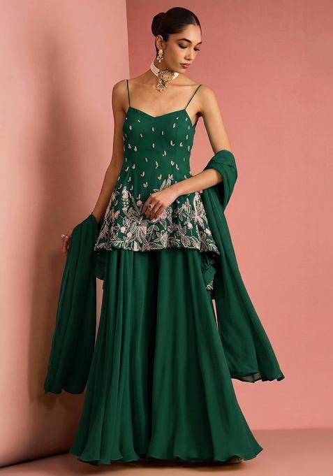 Dark Green Handwork Goergette Sharara Set