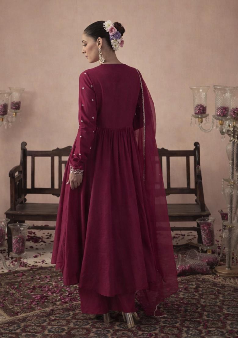 Wine Handwork Crepe Anarkali Set - Indya