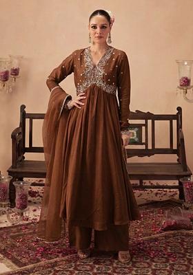 Brown Handwork Crepe Anarkali Set