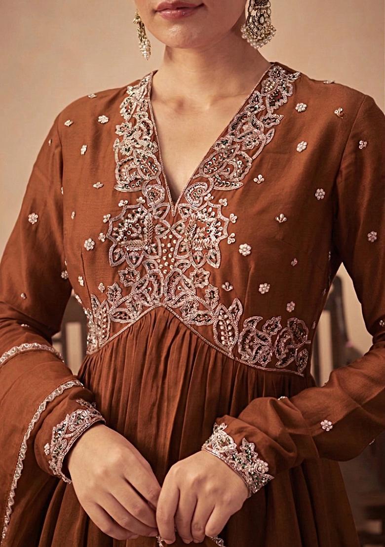 Brown Handwork Crepe Anarkali Set - Indya