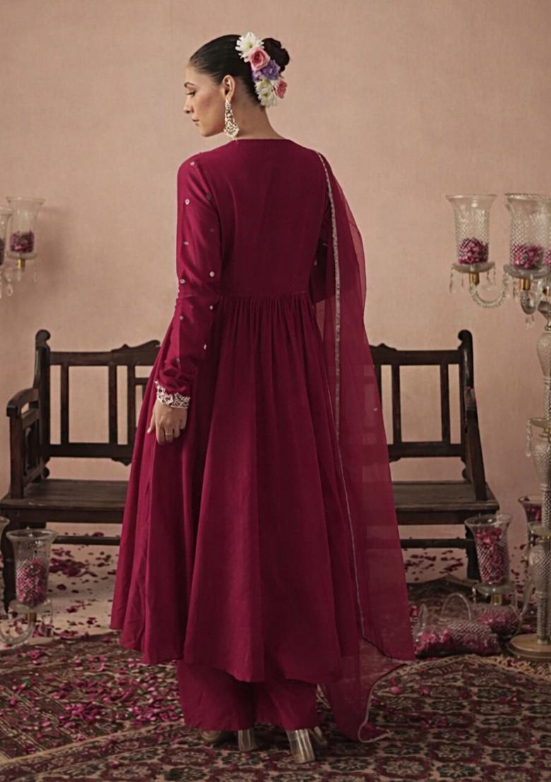 Rani Pink Handwork Crepe Anarkali Set - Indya