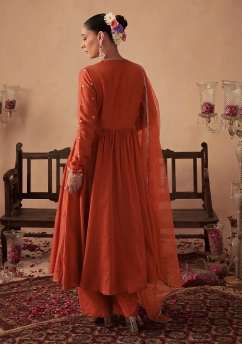 Burnt Orange Handwork Crepe Anarkali Set - Indya