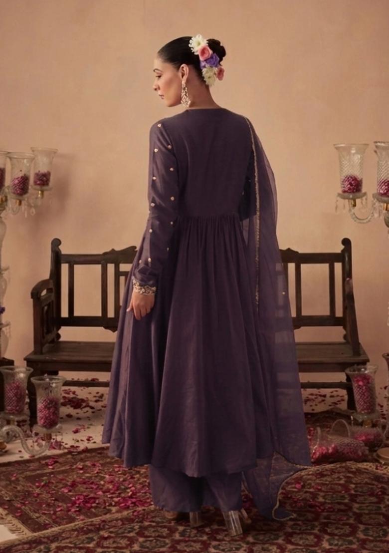 Purple Handwork Crepe Anarkali Set - Indya