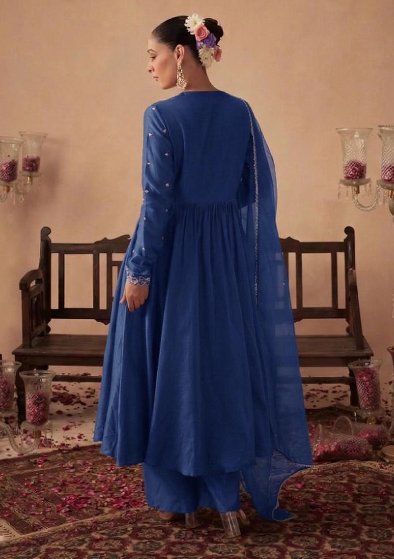 Royal Blue Handwork Crepe Anarkali Set - Indya