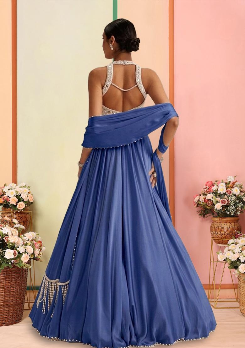 Blue Handwork Satin Lehenga Set - Indya