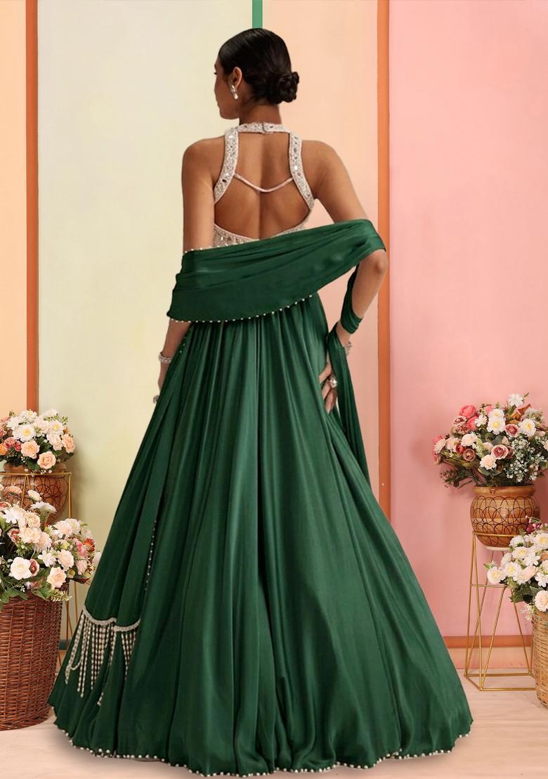 Bottle Green Handwork Satin Lehenga Set - Indya