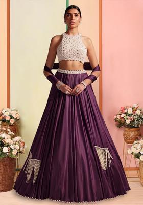 Purple Handwork Satin Lehenga Set
