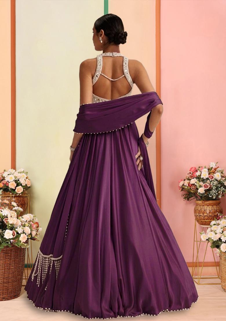 Purple Handwork Satin Lehenga Set - Indya