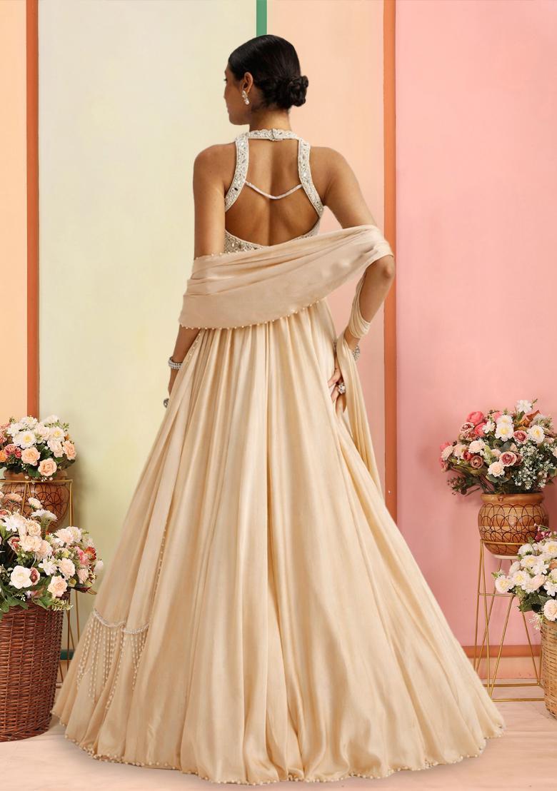Cream Handwork Satin Lehenga Set - Indya