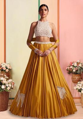 Mustard Handwork Satin Lehenga Set