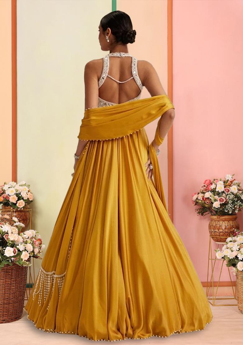 Mustard Handwork Satin Lehenga Set - Indya