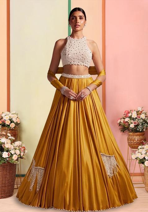 Mustard Handwork Satin Lehenga Set