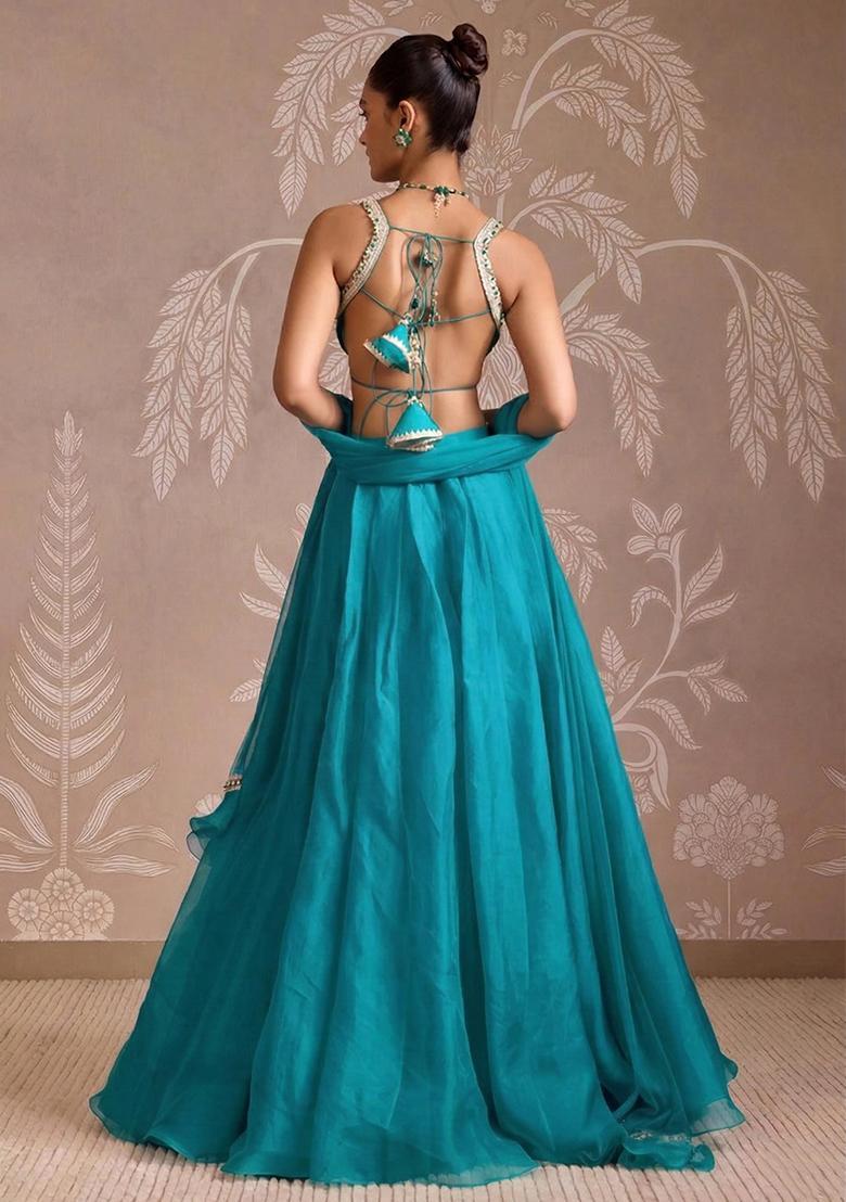 Aqua Green Handwork Organza Lehenga Set - Indya