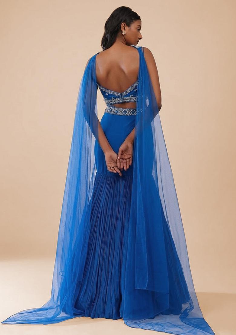 Blue Handwork Crepe Lehenga Set - Indya