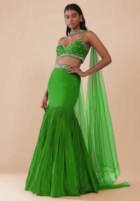 Green Handwork Crepe Lehenga Set