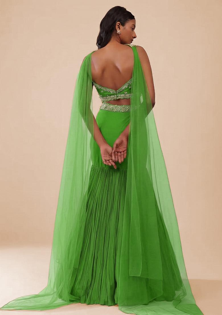 Green Handwork Crepe Lehenga Set - Indya