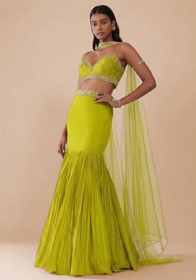 Lime Green Handwork Crepe Lehenga Set