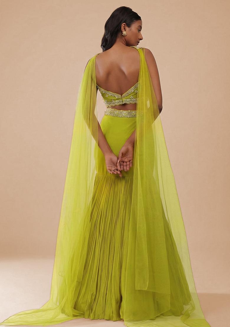 Lime Green Handwork Crepe Lehenga Set - Indya